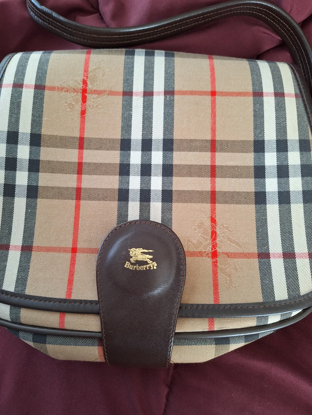 Vintage Plaid Leather Crossbody Bag - Tan, Black & Red- Burberry Lookalike - Picture 2 of 3